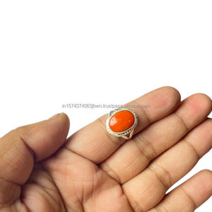 Anillo de Plata de Ley 925 con Coral y Diamantes, Hecho a Mano, Clásico, para Fiesta o Boda, Engaste de Bisel, para Mujer - Product Image 5