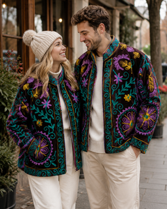 Chaqueta Premium de Terciopelo Marrón Oscuro 100% Algodón Ecológico Transpirable de Invierno con Bordado Floral Multicolor a Mano para Hombre y Mujer Boutique - Product Image 1
