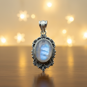 Colgante de plata de ley 925 hecho a mano con piedra lunar arcoíris, cabujón ovalado vintage, joyería de piedras preciosas, regalo para ella. - Product Image 2