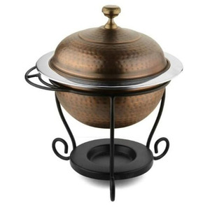 Hammered <b>Copper</b> Chafing Dish Featuring A Black Scroll Stand And Matching <b>Knob</b> Lid Ideal For Modern Dining Events & Wedding Used - Product Image 1