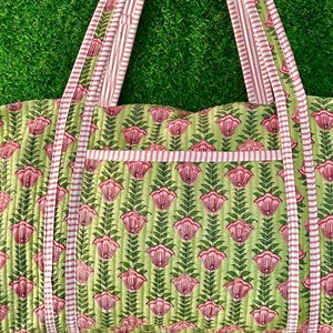 Hand Block Printed Cotton Duffel <b>Bag</b> Quilted Travel Tote Handmade Weekender <b>Overnight</b> <b>Bag</b> Women Green Large Capacity - Product Image 3