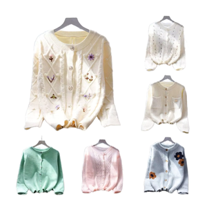 Women's Knitted <b>Cardigan</b> With Floral Embroidery Crew Neck Long Sleeve Sweet Style Spring Casual Top - Product Image 1