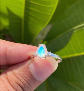 Pear Rainbow Moonstone <b>Ring</b> Sterling Silver <b>CZ</b> Accents Teardrop Gemstone Minimalist Handmade Women Jewelry - Product Image 1