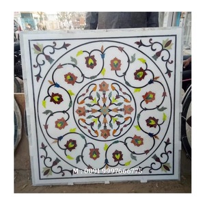 ท็อปโต๊ะทรงสี่เหลี่ยมทำมือสวยงาม ประดับด้วยหินอ่อนสีขาวขัดเงาแบบ Pietra Dura ใช้สำหรับโต๊ะรับประทานอาหารและโต๊ะห้องนั่งเล่น - Product Image 1