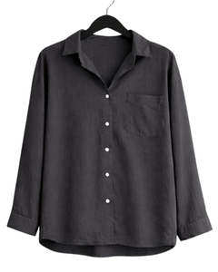 Ensemble deux pièces en lin noir pour femme, chemise à manches longues boutonnée et pantalon large à taille élastique, tenue décontractée - Product Image 1