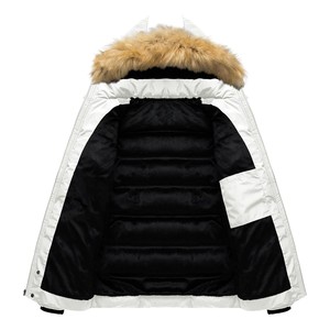 ODM Men's White <b>Hooded</b> Puffer <b>Jacket</b> With <b>Fur</b> Collar Windproof Zipper Closure Casual Winter Solid Color Polyester Shell Slim Fit - Product Image 3