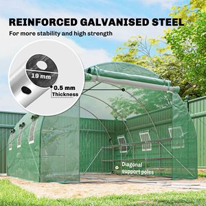 Serre tunnel autoportante en bois 10FT X11FT X6FT pour la maison avec étagères, porte en maille, fenêtres et couverture en PE, verte - Product Image 5