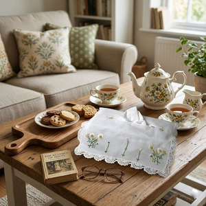 Boîte à mouchoirs rectangulaire vintage avec broderie personnalisée de fleurs de marguerites blanches, bordure en dentelle, 100% coton, faite à la main, durable, pour la maison et l'hôtel - Product Image 1