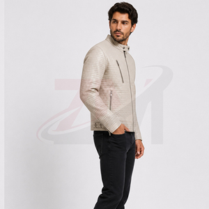 Blouson moto matelassé en cuir PU beige pour homme, col montant, fermeture éclair, coupe ajustée, idéal pour l'automne, qualité supérieure, style décontracté et tendance, personnalisable - Product Image 2