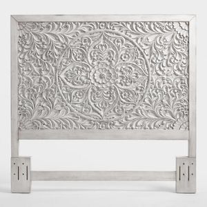 Luxury Handcrafted Solid Wood Bed <b>Frame</b> Ornate Mandala Floral Carving <b>Antique</b> White Wash Finish - Product Image 2