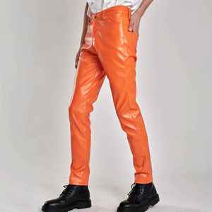 Pantalones Ajustados de PU con Recubrimiento, Color Naranja, Cintura Alta, Estilo Motero, Largos, para Otoño, para Adultos - Product Image 2