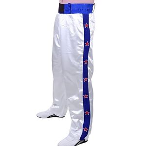 Pantalon de sport blanc avec bandes latérales violettes, pantalon d'entraînement MMA, pantalon de kickboxing, équipement d'arts martiaux, pantalon d'entraînement de combat en satin - Product Image 2