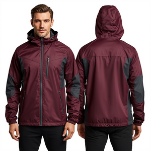 Wholesale <b>Men's</b> Burgundy <b>Lightweight</b> Windbreaker <b>Jacket</b> Water Resistant Hooded Casual Outdoor Fashion Wear - Product Image 1