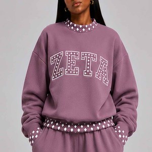 Zeta Wholesale Cotton Fleece <b>Mock</b> <b>Neck</b> Sweatshirt Women Men Ladies Unisex Polka Dot Gingham Patch University Chenille Embroidery - Product Image 5