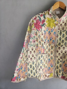 Floral <b>Quilted</b> Jacket Women's Mandarin Collar Cotton Full Sleeve Spring Patch Pocket <b>Single</b> Button XL gift for her - Product Image 2