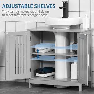 Mobile Bagno Smart con 2 Ante, Struttura in Legno Massello e Ripiani Regolabili - Design Sottolavabo, Finitura Grigia - Product Image 5