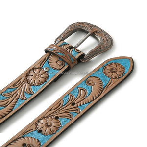 Cinturón tallado a mano de cuero occidental, diseño personalizado, elegante, floral, en relieve, colorido, hecho a mano, hebilla antigua de lujo - Product Image 1