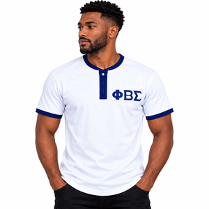 Phi Beta Sigma <b>Men's</b> White <b>Henley</b> T-<b>Shirt</b> Royal Blue Trim Short Sleeve Greek Letter Embroidery Fraternity Casual College Team - Product Image 1