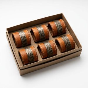 Juego de 6 Anillos para Servilletas de Latón Hechos a Mano - 4.5 cm, Diseño de Cuero Marrón Antiguo - Decoración para el Hogar - Product Image 6