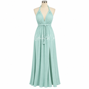 Robe longue plissée fluide pour femme, col licou, décolleté plongeant en V, avec ceinture tressée et fente latérale, idéale pour les soirées et les événements. - Product Image 1