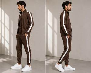 Men Tracksuit Solid Color Brown Full <b>Zip</b> Jacket Crew Neck T-<b>Shirt</b> Jogger Pants Breathable Casual Autumn Wear Regular Fit - Product Image 4