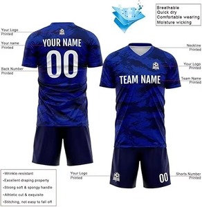 ชุดฟุตบอลสั่งทำสีน้ำเงิน พิมพ์ลายแบบซับลิเมชั่น เสื้อทีมพร้อมกางเกงขาสั้น ชุดสำหรับผู้ใหญ่ ใส่ได้ทั้งชายและหญิง ระบายอากาศได้ดี ผลิตจากโพลีเอสเตอร์ ชุดกีฬา - Product Image 2