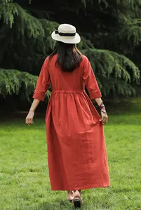 Women Casual Cotton Maxi <b>Dress</b> <b>Long</b> Sleeve Loose Fit Red Color <b>Boho</b> Style Flowy <b>Long</b> <b>Dress</b> - Product Image 3