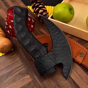 Couteau à pizza industriel artisanal en acier carbone martelé, lame noire, manche en bois, étui en cuir, style Ulu, pour cuisine, barbecue, camping - Product Image 2