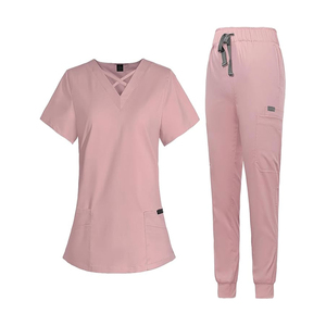 Conjunto de Uniforme Médico Rosa para Mujer, Pantalones de Algodón y Poliéster, Cuello en V, Manga Corta - Product Image 4
