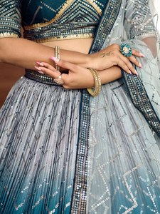 Teal Blue <b>Sequin</b> Lehenga Choli With Dupatta V Neck Embroidered Pleated Dress Bride Wedding Party Wear - Product Image 5