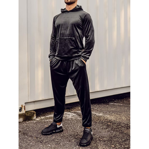 <b>Men</b> <b>Velvet</b> Tracksuit Set Hooded Full Length Solid Color Casual Sportswear Pants <b>Jacket</b> Loose Fit Autumn Wear - Product Image 3