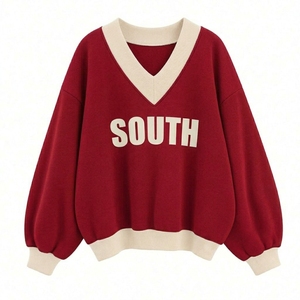 Sudadera rosa con cuello en V para mujer, con estampado de letras, bloques de color, manga larga, holgada, informal, de punto, para invierno, al mejor precio. - Product Image 6