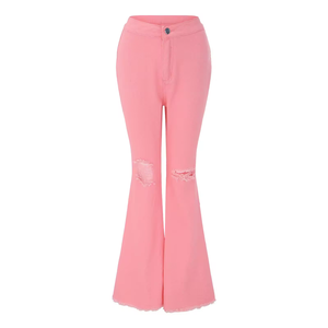 Jean délavé bleu pour femme, taille haute, coupe ajustée, en denim de coton, longueur cheville, ourlet retroussé, doux et décontracté - Product Image 3
