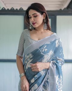 Sari indio elegante estilo Bollywood, tejido en plata, lino y algodón, con hermoso estampado digital, ropa étnica para novias y bodas. - Product Image 1