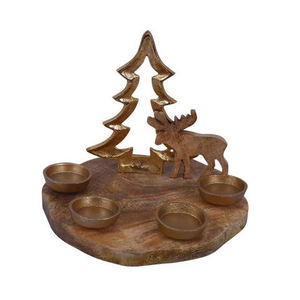 Support à bougies chauffe-plat en bois fait main avec motif élan et arbre pour décoration de Noël, doré, sans gouttes, pour 4 bougies votives - Product Image 1