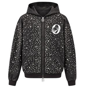 Black Pearl Full <b>Zip</b> <b>Hoodie</b> Luxury Crystal Studded Streetwear Jacket Long Sleeve Hooded Sweatshirt With <b>Pockets</b> - Product Image 1