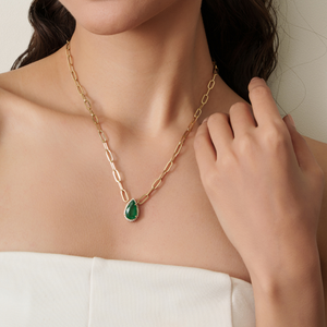 Hot Selling Products Classic Style 12x7 mm <b>Emerald</b> & Diamond Real K14 Yellow Gold Paperclip Chain Cluster <b>Pendant</b> Necklace - Product Image 4