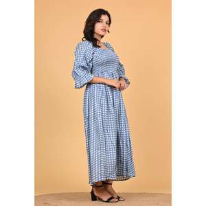 Vestido Largo de Algodón a Cuadros Azul Boho para Mujer, Vestido Maxi Fruncido para Fiesta de Verano - Product Image 4