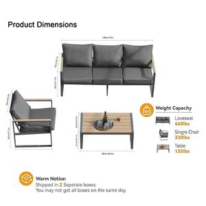 Moderno esterno 4 pezzi Set di mobili da giardino in ferro Grey cuscino con struttura in finto legno a venature tavolino da caffè per giardino cortile a bordo piscina - Product Image 3