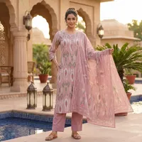 Ensemble Kurti, pantalon et dupatta en coton rose imprimé pour femmes, motif géométrique Ikat, manches trois quarts, tenue ethnique traditionnelle