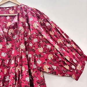 Vestido Mini de Algodón Ecológico con Estampado Floral Hecho a Mano, Cuello en V, Manga 3/4, Dobladillo con Volantes de Encaje, Lavable, Estilo Chinoiserie - Product Image 3