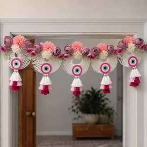 Handmade Floral Evil Eye Bandhanwar Toran Pink Tassel Door Hanging Festive Home Entrance Decor <b>Wedding</b> Pooja Gift - Product Image 3