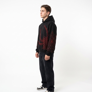 Sweat-shirt à capuche surdimensionné noir pour homme avec motif araignée en strass, style gothique streetwear - Product Image 3