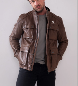 <b>Men's</b> Genuine <b>Leather</b> <b>Jacket</b> Classic Winter Slim Fit Casual Bomber Coat High Street Fashion Brown <b>Sheepskin</b> Zipper Front - Product Image 5