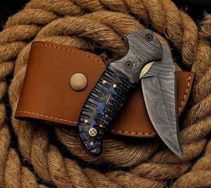 Cuchillo de Bolsillo de Acero de Damasco Hecho a Mano con Mosaico de Madera Exótica y Empuñadura - Servicio OEM Disponible - Product Image 3