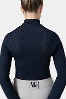 Haut à col roulé en tricot compressif bleu foncé pour femme, manches longues, respirant, en spandex et polyester, fermeture éclair mi-taille