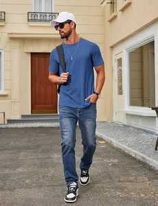 T-shirt à manches courtes pour homme, bleu uni, col rond, coupe classique, décontracté, respirant, 100% coton jersey tricoté - Product Image 3