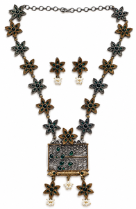 Vintage Antique Gold Plated Brass Bezel Setting Two Tone Flower Zircon Necklace Earring Set Women's <b>Wedding</b> Anniversary - Product Image 6