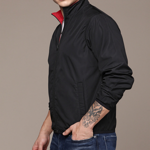 Men's Black Bomber <b>Jacket</b> Solid Color Stand Collar Zipper Closure Windproof Casual Autumn Wear Regular Fit Polyester Material - Product Image 5