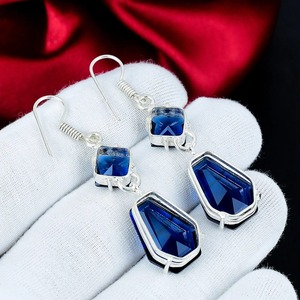 Boucles d'oreilles en saphir bleu, argent sterling 925, boucles d'oreilles pendantes et tombantes bleu marine faites à la main, bijoux en pierre bleue - Product Image 6